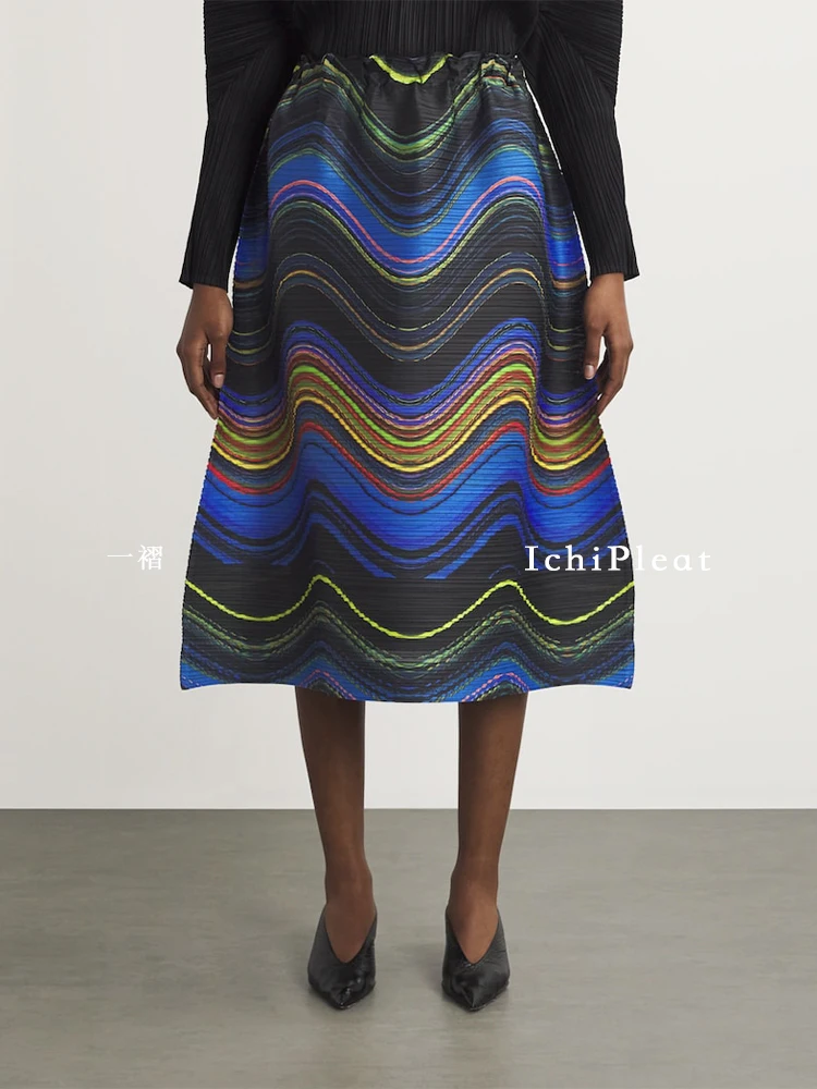2025 Miyake Style High-end Wrinkled Elegant Slimming Fashion Versatile Printed Skirt Women Summer Plus Size Female Clothing