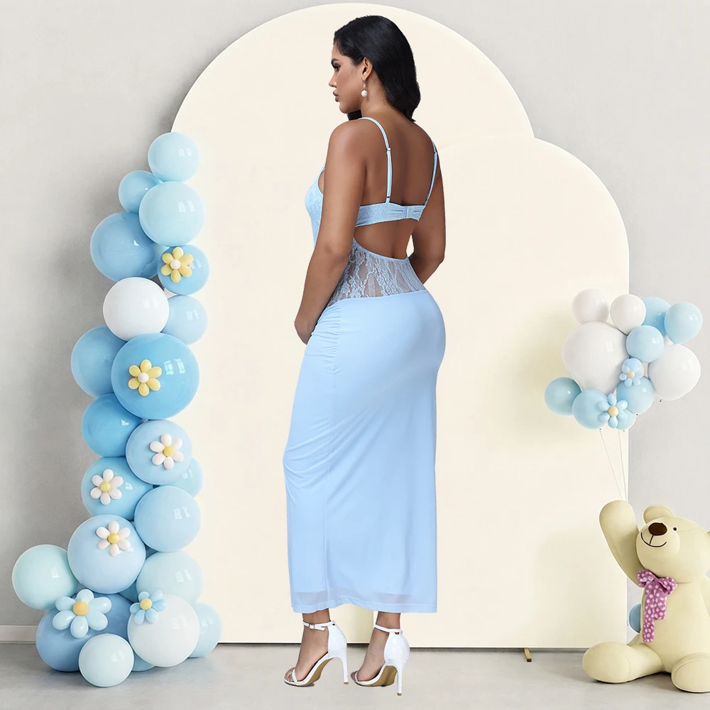 Maternity Sexy Backless Contrast Lace Panel Spaghetti Strap Long Dress Party Gown for Baby Shower Photoshoot