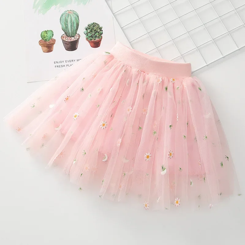 2024 Summer New Infant Girls Floral Embroidered Mesh Tutu Skirt Kids Faldas Soft Tulle Miniskirt for Girls Dance Skirt 2-8T