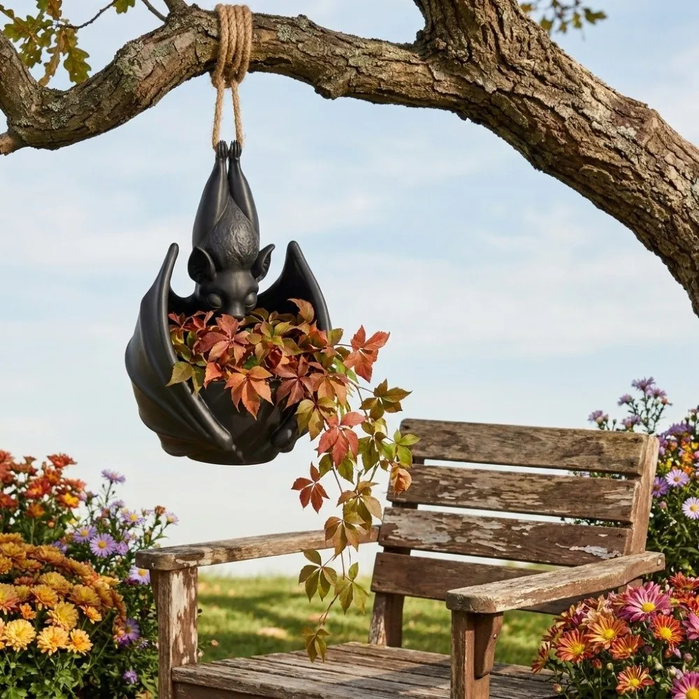 Bat Shaped Bat Hanging Planter Plastic Gothic Style Hanging Flower Pot with Hanging Rope Hanging Bat Plant Pot Outdoor Garden