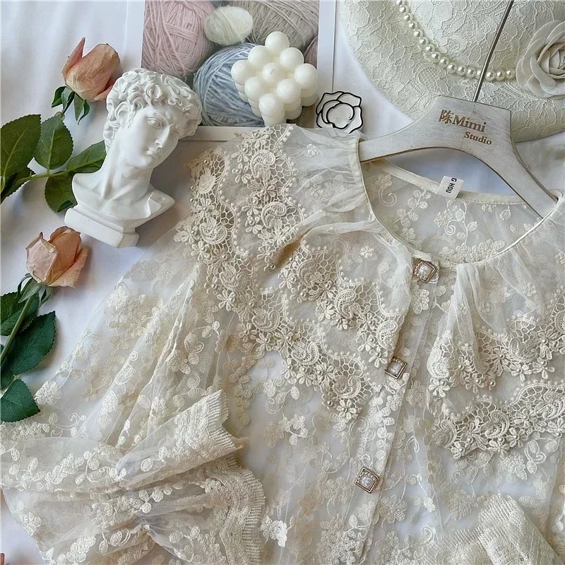 Vintage Lace Embroidery Organza Pearl Collar Long Puff Sleeve Shirt Female Retro Chic Cottage Hollow Out Eyelet Victorian Blouse