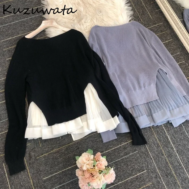 Kuzuwata 2024 Autumn New Sweater Fashion Sweet Knitted Pullover O Neck Long Sleeve Patchwork Folds Split Fork Women Jumpers