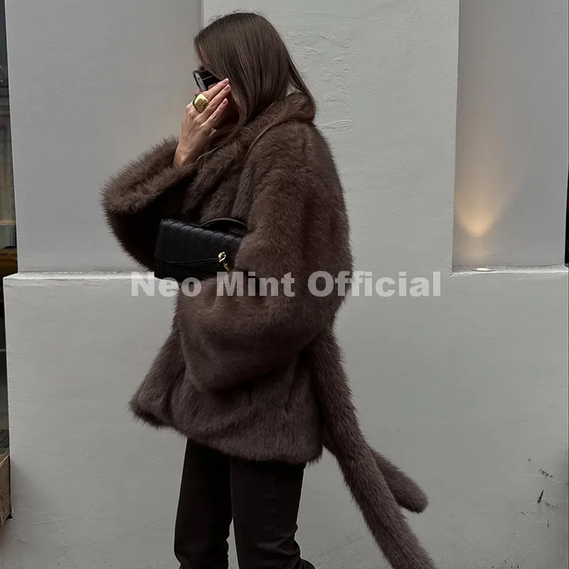 Neo Mint Winter 2026 New Stylish Mocha Brown Belted Wrap Fur Coat Women Street Fashion Girls Fluffy Faux Fox Fur Jacket Overcoat