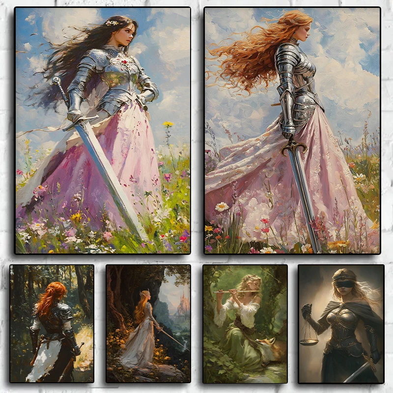 Fantasy Female Knight Posters Woman with Sword Prints Canvas Printing Retro Wall Art Picture for Living Room Home Decor Gifts