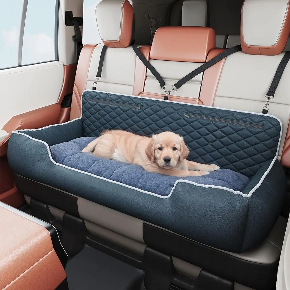 Extra-Wide Dog Seat Cover with Safety Tether & Removable Washable Cushion for SUVs, Trucks, and Cars