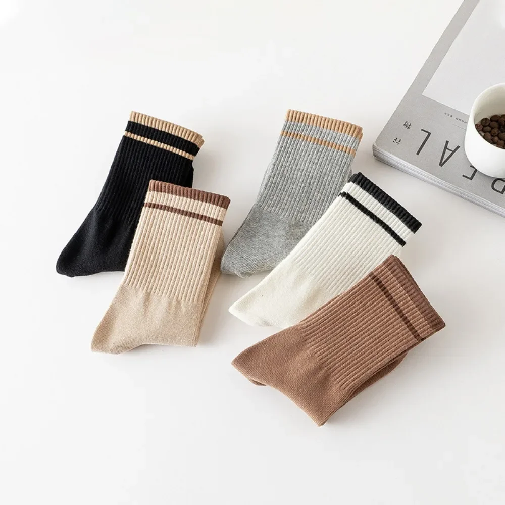 Japanese Fashion Casual Socks Solid Color Striped Sports Socks Winter Warmth Soft Cotton Comfy Breathable Socks for Women Girls