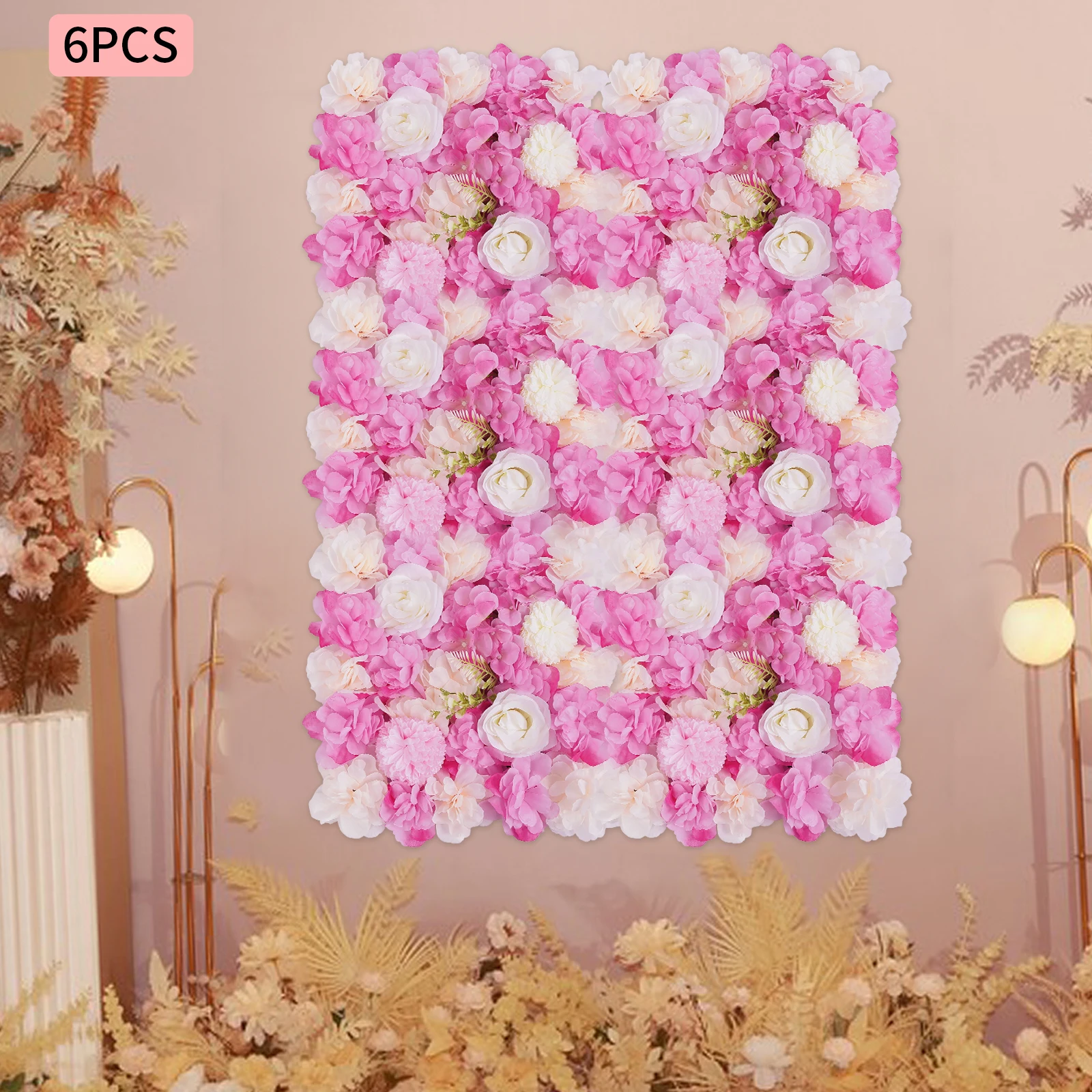 

6Pcs Artificial Flower Wall Panels, 15x15In 3D Rose Hydrangea Dahlia Floral Mat, Pink White Faux Flowers for Wedding, Home Decor