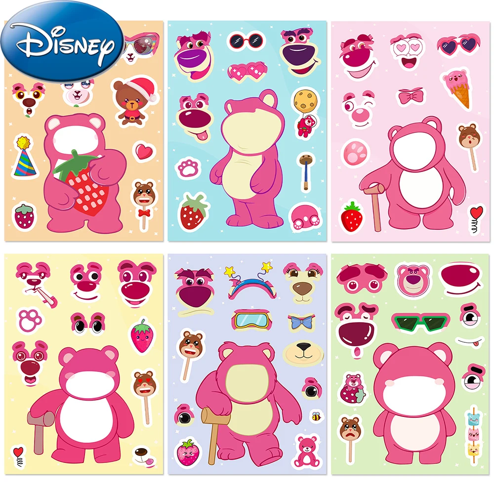 

6/12sheets Cute Disney Lotso Huggin Bear Cartoon Puzzle Stickers Make a Face Children DIY Assemble Jigsaw Educational Toys Decal