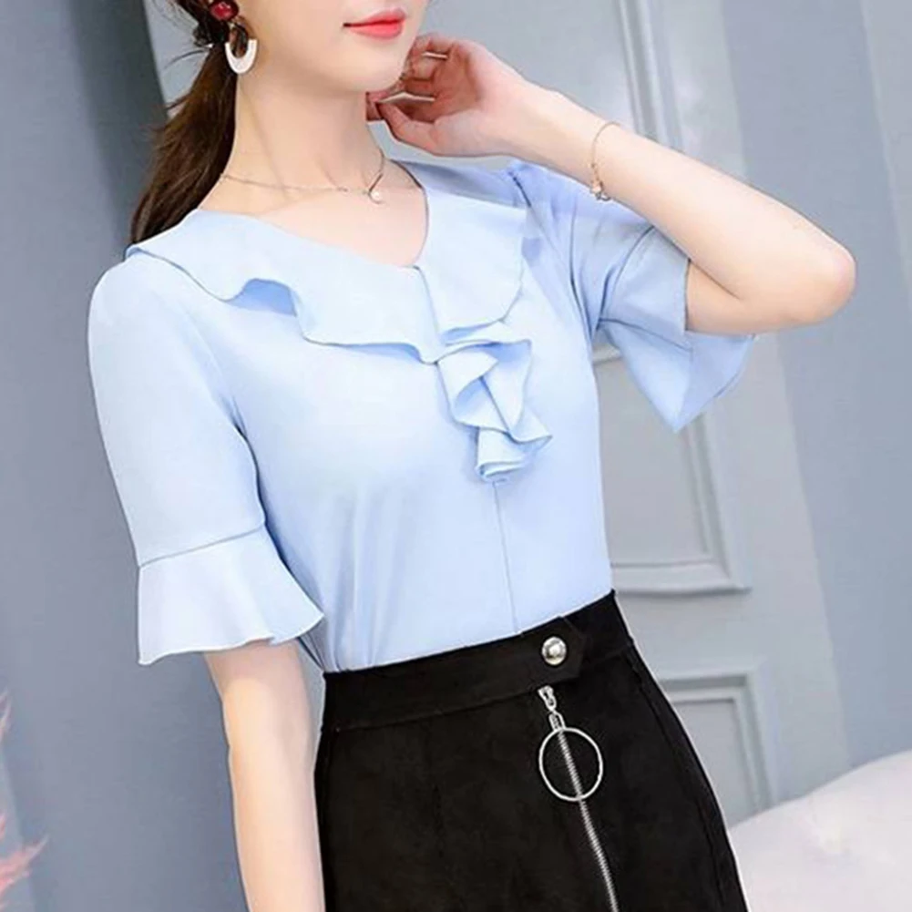 Casual Fashion Blouse Shirt Ruffle Trim V Neck Solid Shirt Women French Short-Sleeved Chiffon Blouse Summer Simple Women Top