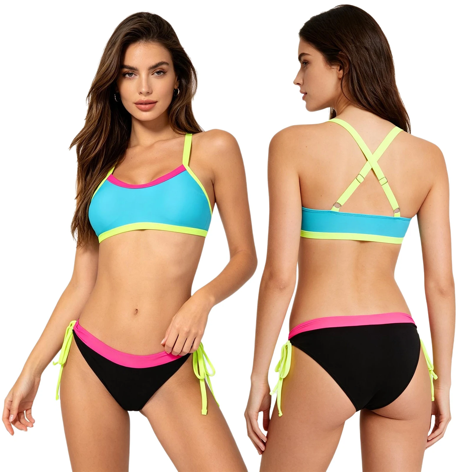

Women Bikini Swimwear Adjustable Crossing Straps Padded Bra Top and Drawstring Waist Panties Bathing Suit Beachwear