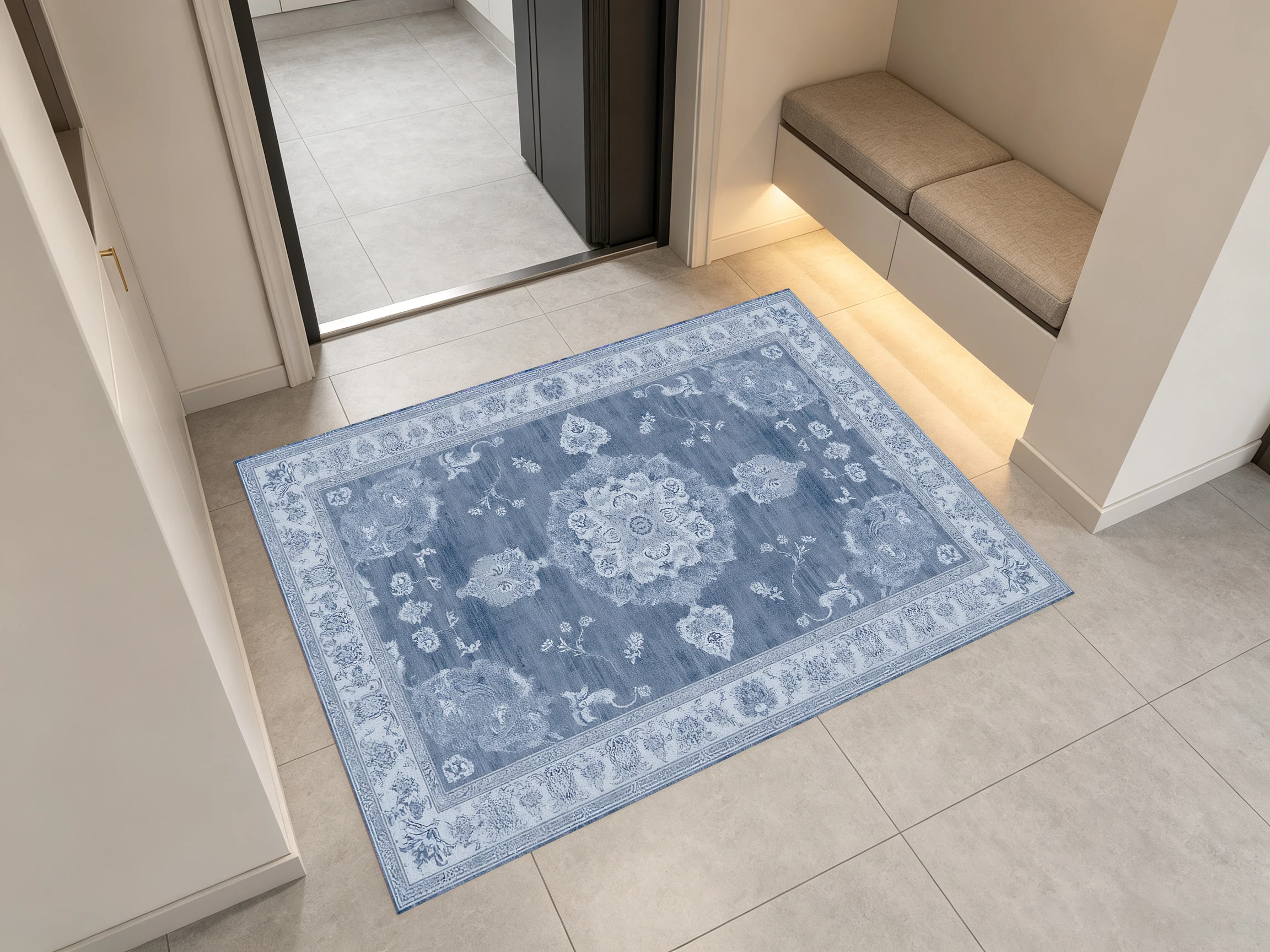 Hazy Blue European Retro Floral 2D Rug, Skin-Friendly & Comfortable, Suitable for Living Rooms & Bedrooms, Enhancing the Ambiance