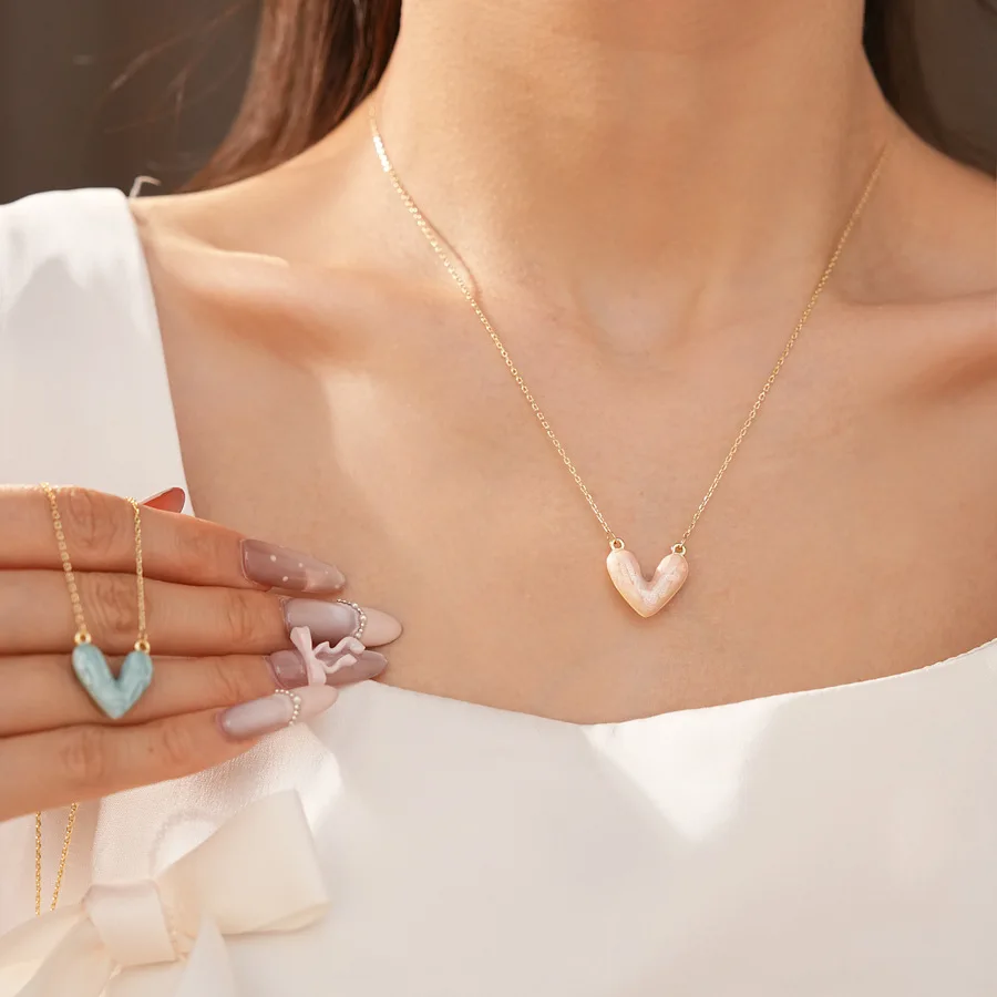 14k Gold Plated Thin Cooper Chain Necklaces for Women Minimalist Pastel Pink Blue Heart Pendant Necklace Daily Party Jewelry N