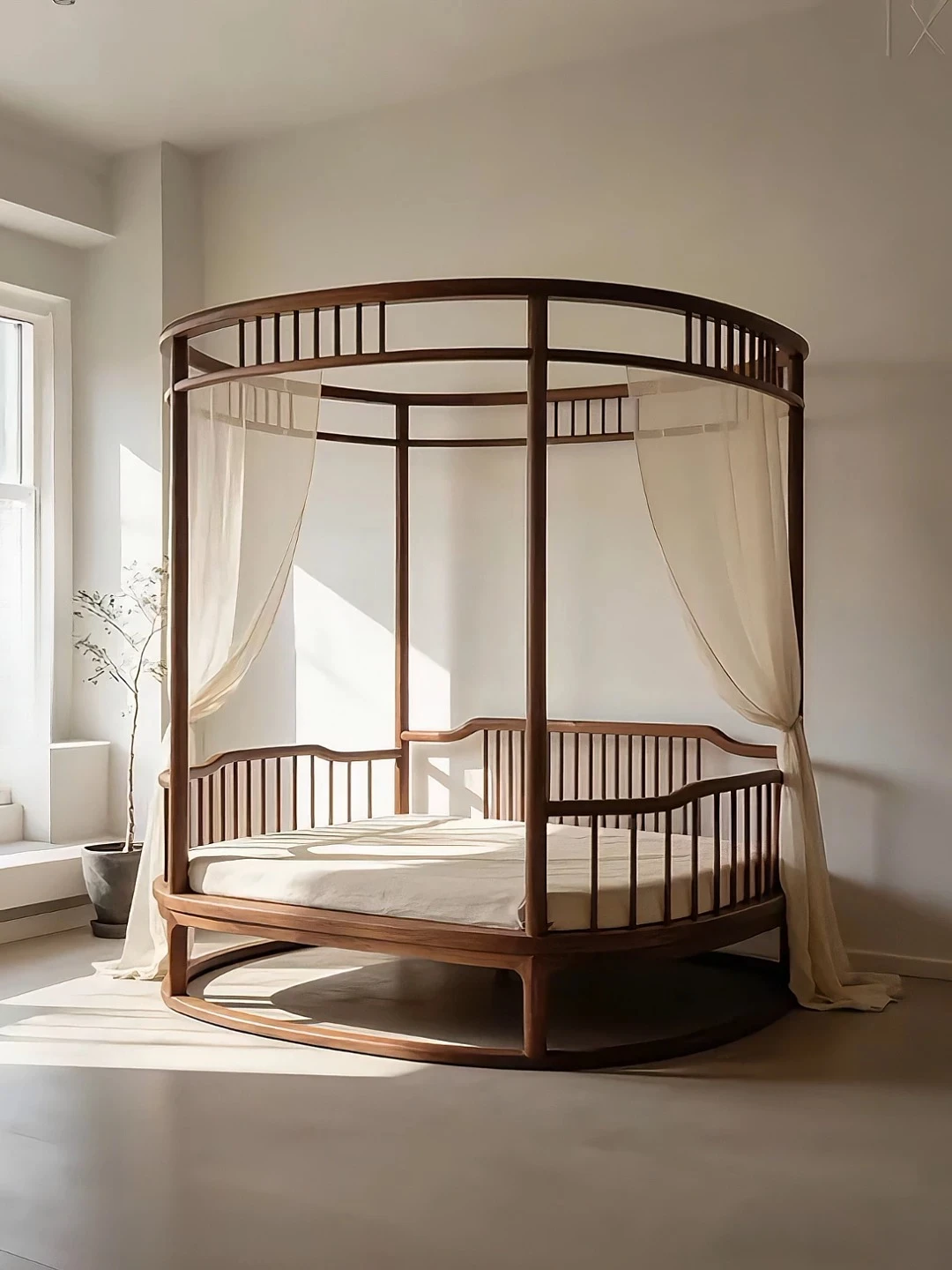 Walnut shelf bed Song-style aesthetics minimalist Zen four-poster bed bedroom solid wood round bed