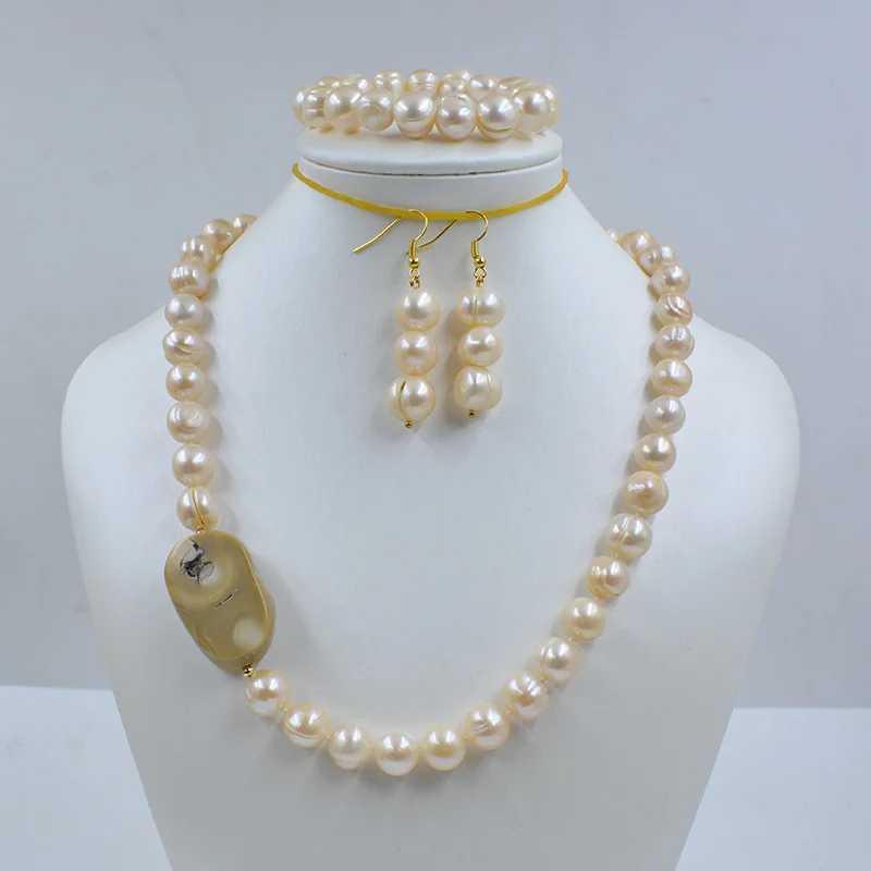 

Последний 11 мм натуральный розовый жемчуг в стиле барокко/коралловый ожерелье, браслет, серьги, комплект 19 дюймов