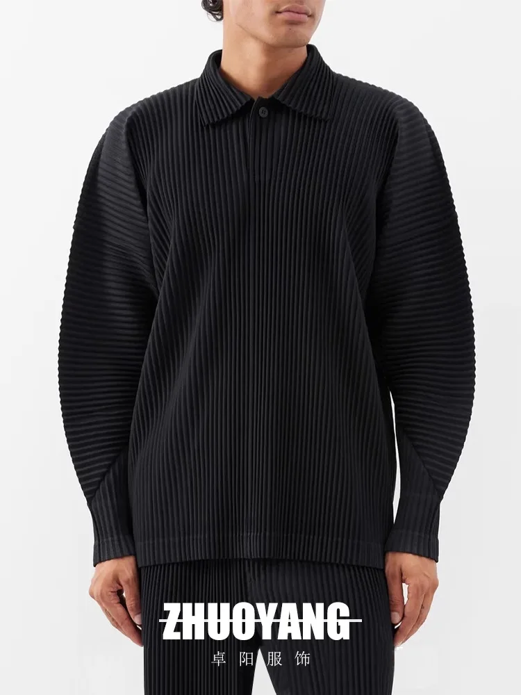 Miyake Pleated Polo Shirt Men's Solid Color 2025 Spring and Summer New Loose Casual Lapel Long-sleeved Shirt Business Casual