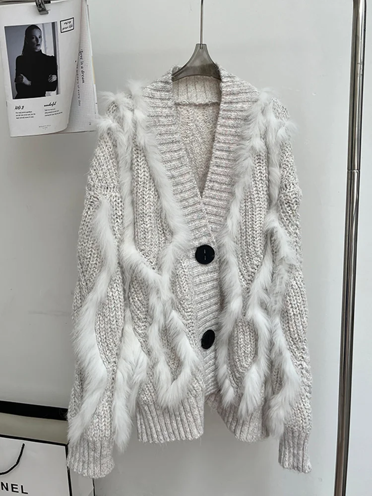 2024 moda feminina outono natural real pele de raposa jaqueta de malha cardigan camisola casaco oversize decoração de pele de raposa senhora