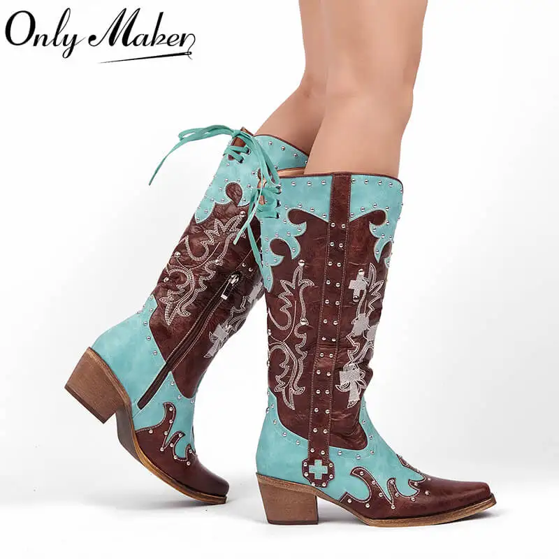 

Onlymaker Women Pointed Toe Western Embroidered Studded Cowgirl Knee High Boots Lace Up Side Zipper Block Heel Mid Calf Boots