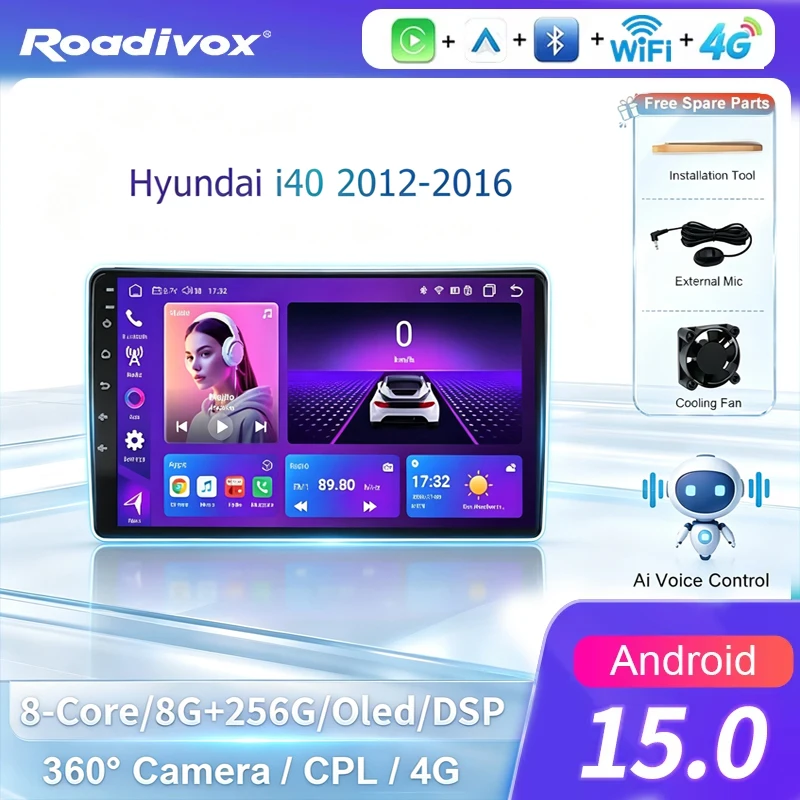AI VOICE roadivox Android car radio for Hyundai i40 2012-2016 stereo GPS Navigation video Multimedia Player tape recorder