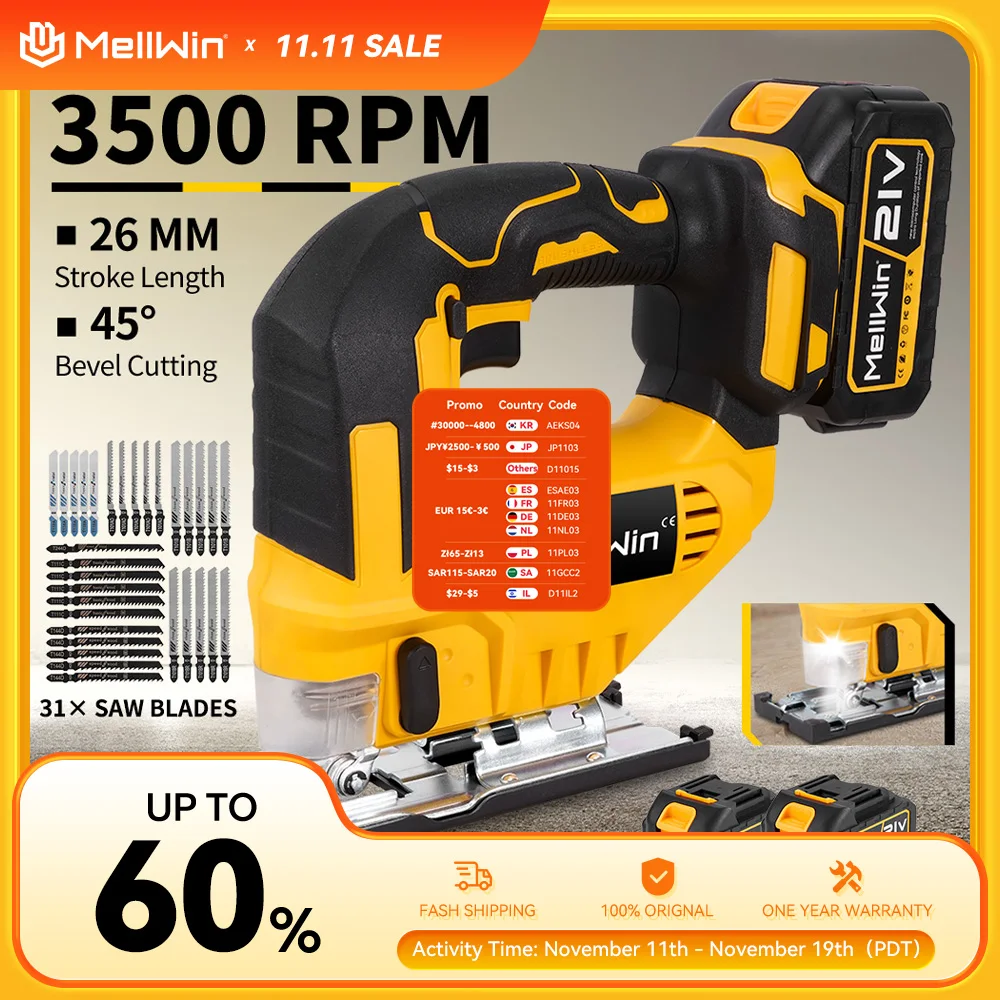 MELLWIN scie sauteuse électrique sans fil avec scie à chantourner sans fil à 31 lames outil de coupe multifonction pour le travail du bois pour Makita broche de batterie 18V