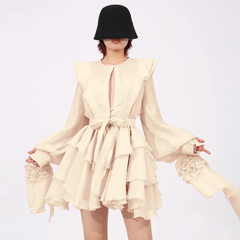 

Fashion Flounce Splicing Mesh Dresses Spring Women Long Sleeve Hollow Out A Line Dress Autumn High Waist Slim Solid Mini Dress