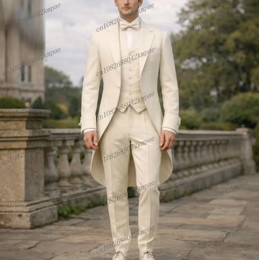 

Long Blazer Ivory Formal Men Suit Groom Wedding Party Prom Business Male Tuxedos 3 Piece Set Jacket Vest Pants