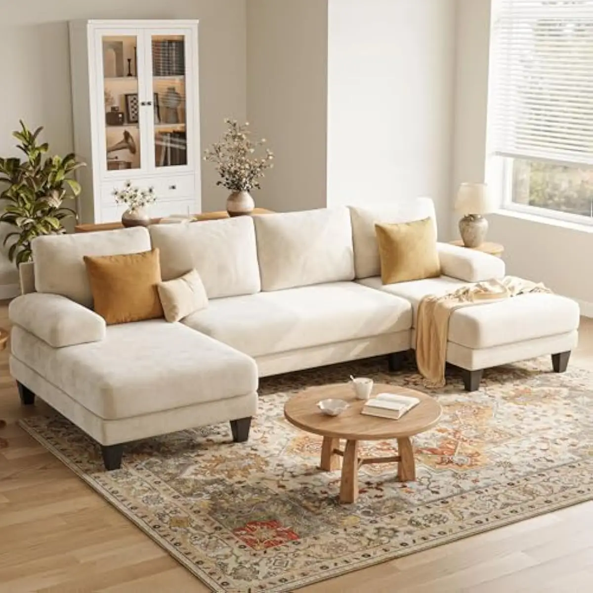 U Shaped Modern Sectional Sofa for Living Space | 112 Inch Wide Warm White Chenille Couch with Dual Chaise | Deep Plush Cushions