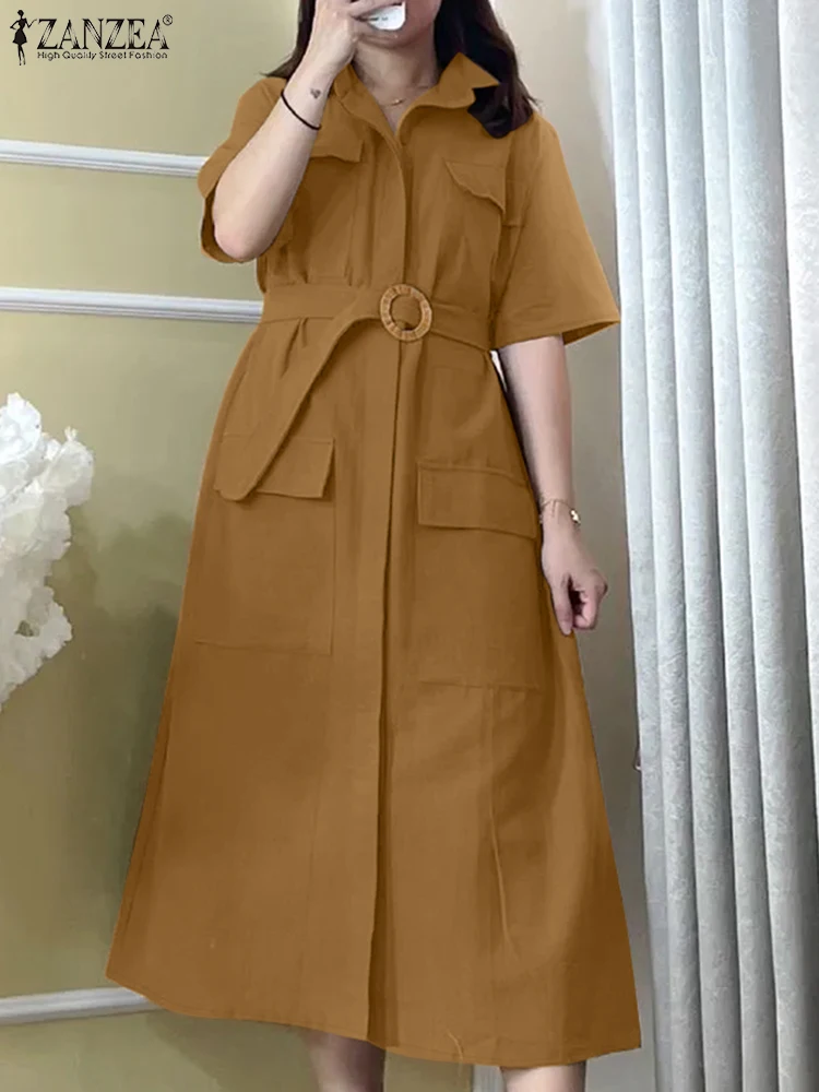 

ZANZEA Woman Fashion Belted Shirtdress 2025 Summer Casual Lapel Neck Short Sleeve Midi Dresses Commuting Solid Color Robes Femme