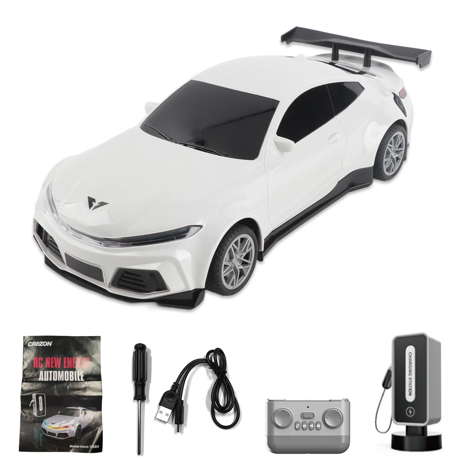 Remote Control Car 2.4GHz New Energy Sports Vehicle with Charging Post  Automatic Parking, LED Lights and Music