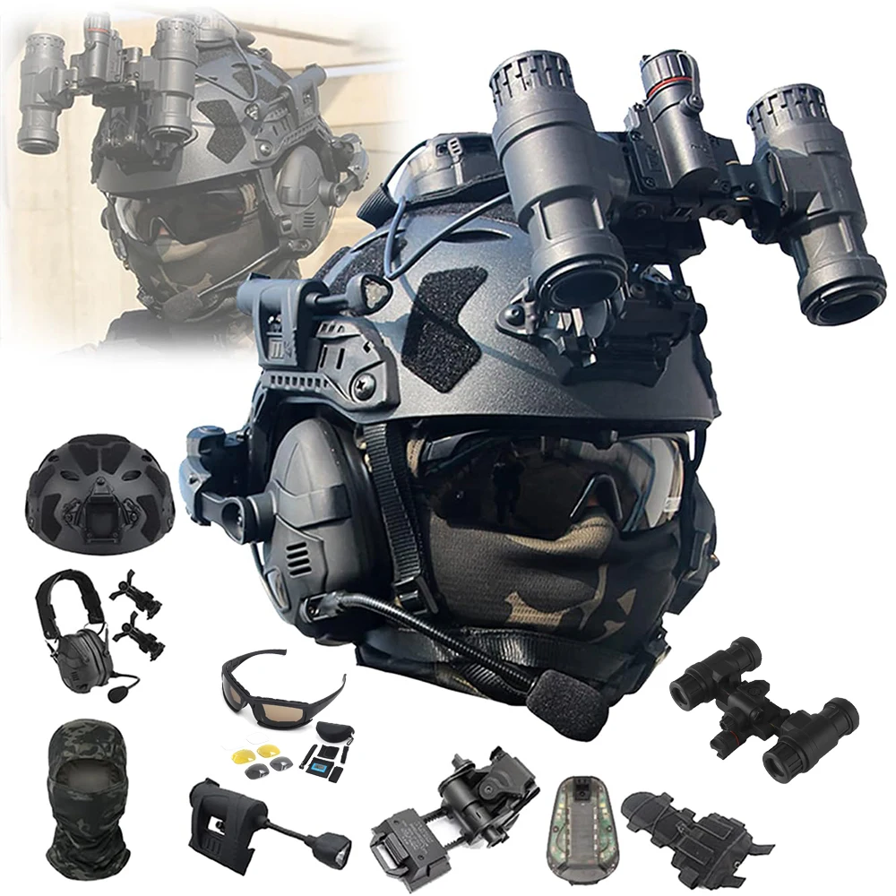 

Fast Paintball Airsoft Helmet Set with Tactical Bluetooth Headset NVG Model L4G24 Mount Battery Pouch for Hunting CS Cosplay