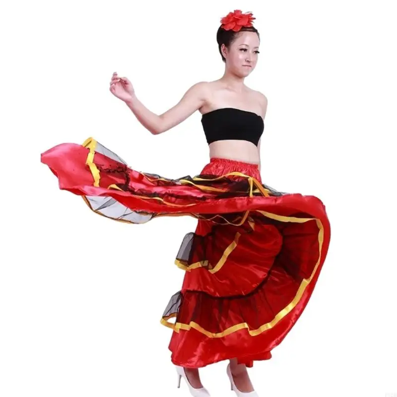 P8DB Womens Elegant Flamenco Dance Skirt Layered Long Skirt Spanish Dance Skirt Belly Dance Skirt Performances Costume