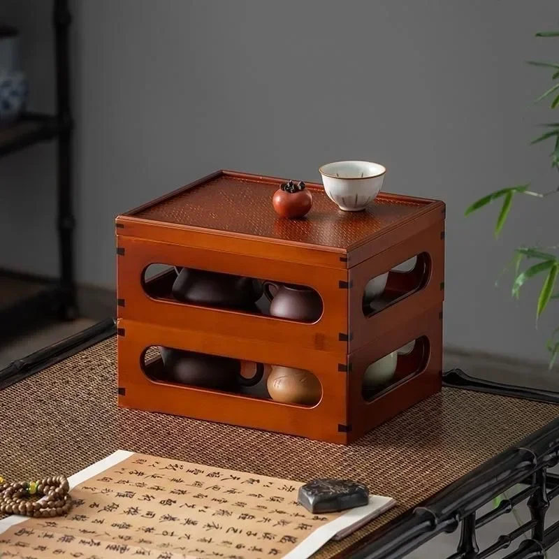 Tea Set Storage Box Multifunctional Chinese Teas Table Wood Table Organizer Container Home Space Saving Table Side Storage Rack