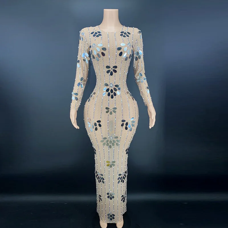 

Diamond Birthday Outfit Sequins Translucent Mesh Elegant Sexy Evening Dress Shiny Suit Long Sleeve Party Vestidos Fiesta De Lujo