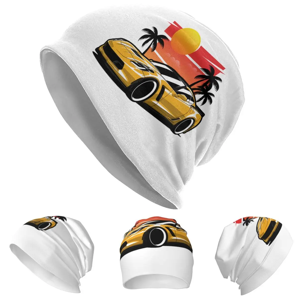 

Yellow Corvette Z06 Sunset Palms Skullies Beanies Hats Warm Autumn Winter Outdoor Cap Knitted Bonnet Caps for Unisex Adult