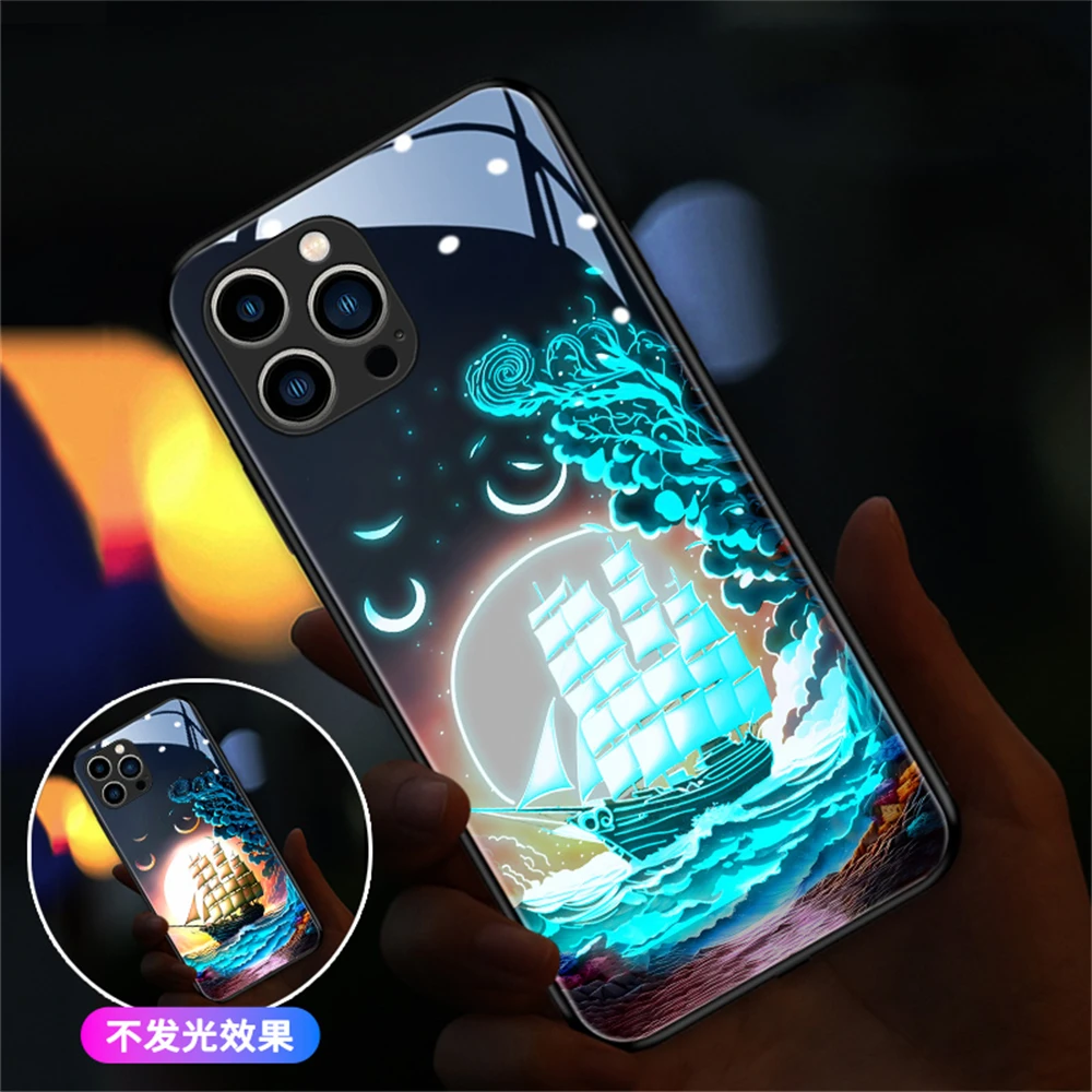 

Sailing Ships Smart LED Light Glow Tempered Glass Phone Case For iPhone 15 14 13 12 11 Pro Max X XR XS 6 7 8 Plus SE2020