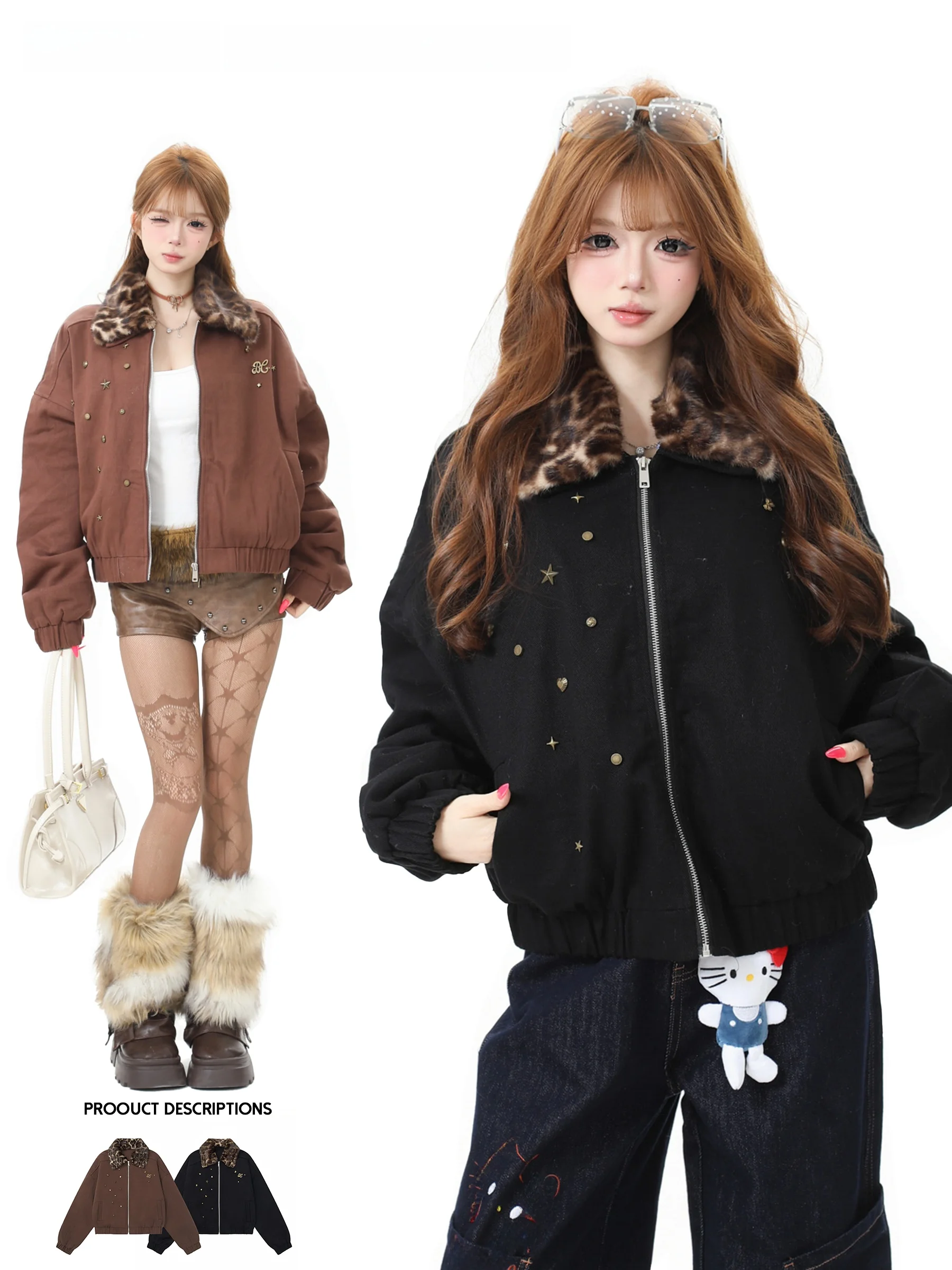 

Ретро American Basterds Rivet Design Леопардовый принт Хутряный воротник Хлопок Jaet Женская зима Thi Warm ort Coat Корейский Sle L...