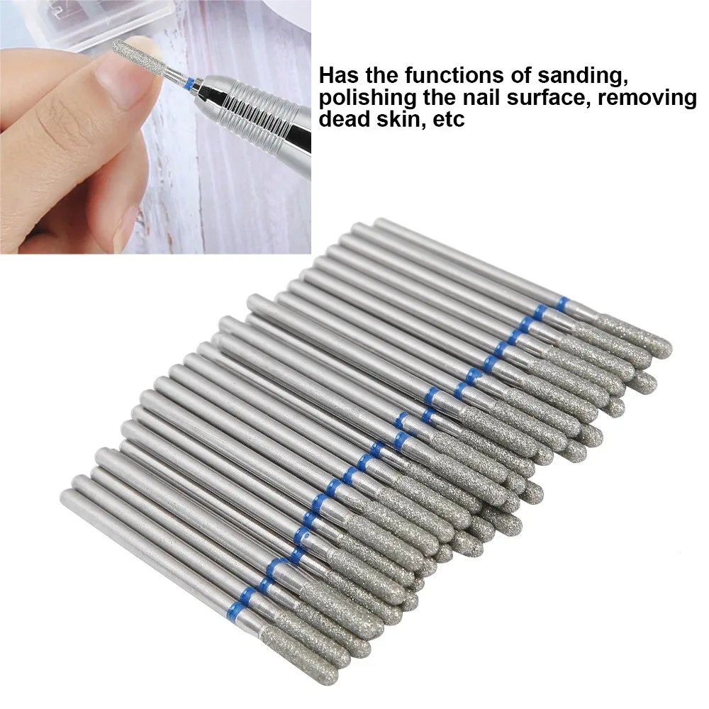 50pcs Portable Diamond Grinding Bit Carborundum Diamond Nail Drill Bits Cylindrical Ball Head 2.35mm Shank Cuticle Removal Bits