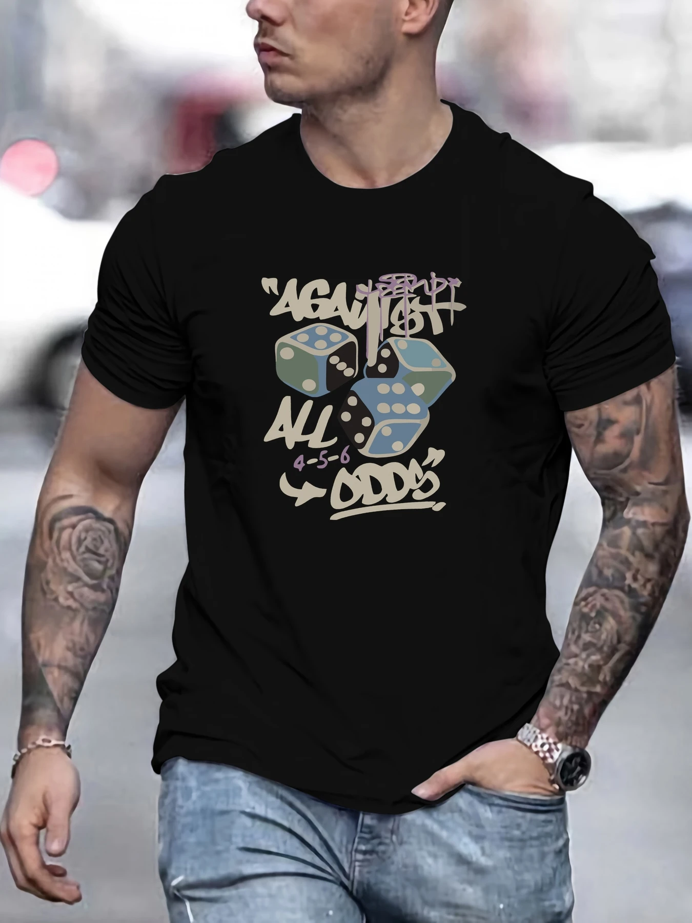 

Men's dice pattern summer casual crew neck short T-shirt
