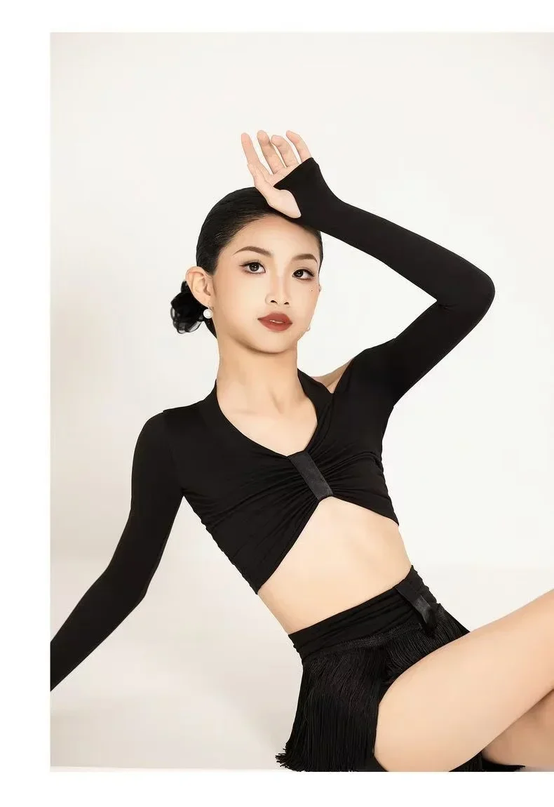 Детский комплект для латинских танцев 2025, одежда для девочек, топ с длинными рукавами, юбка с кисточками, тренировочный костюм для ча-ча-румбы, самбы