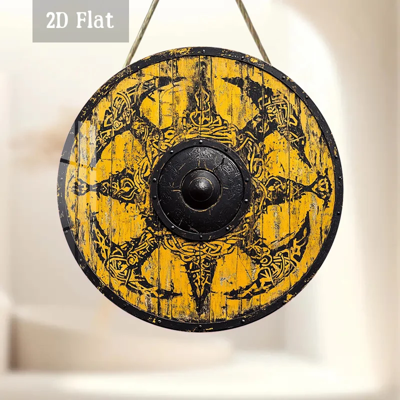 2D Flat - 1pc Viking Shield Wood Panel Artwork, Norse-Themed Wooden Wall Decoration, Featuring an Ancient Round Design, Mythical