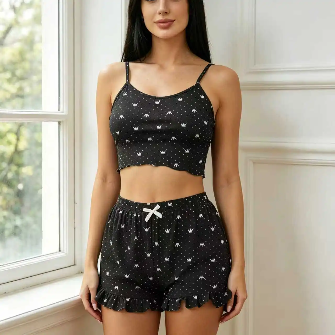 

2026 Summer Women's Pajama Set with Crown Print, Camisole and Shorts, Ins Pure Desire Hot Girl Style, Thin Home Wear Two-Piece Set That Can Be Worn Outside