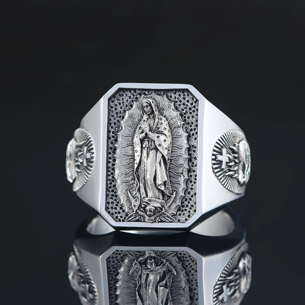 The Heart of Our Lady Virgin Mary Sacred Heart Of Jesus Pray And Faith Sterling Silver Ring