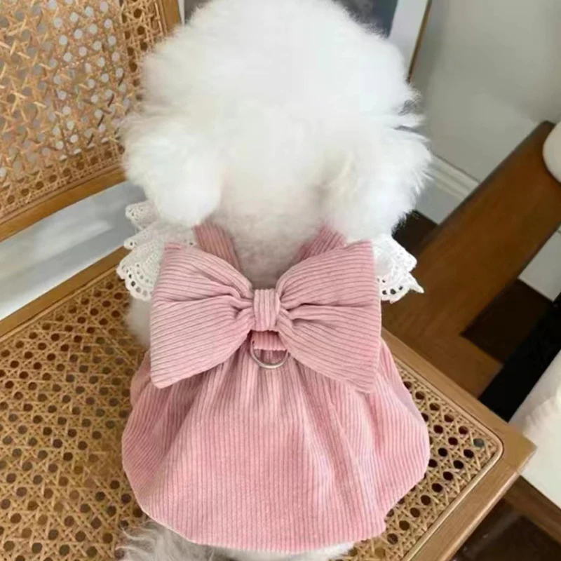 Autumn Winter Women's Dog Bow Corduroy Warm Princess Dress Beautiful Lace Skirt Dog Bow Dress Cat And Dog Clothes Puppy Outfit