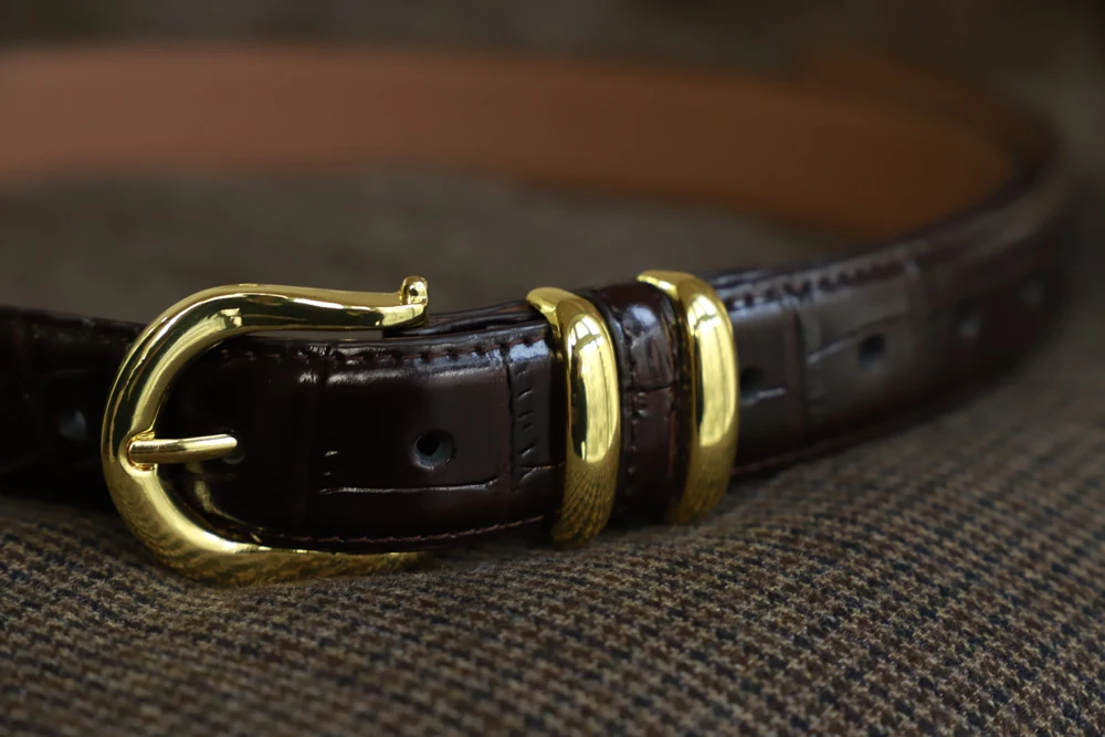 Blueblues  Vintage Designed Crocodile Embossed Top Layer Cowhide Genuine Leather Belt Coffee Dark Brown Gold Buckle