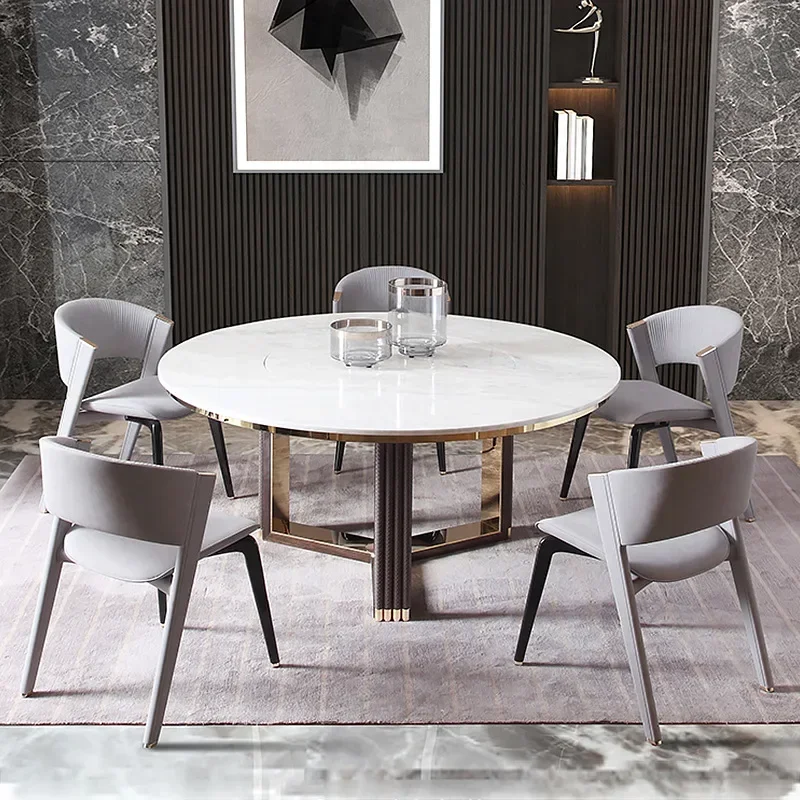 Marble dining table, banquet villa round dining table, Hong Kong-style woven embossed flower column dining table