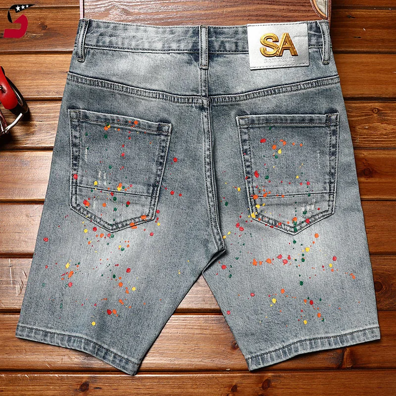 

Paint broken hole design denim shorts men's summer2024new elastic slim-fit trendy fashionable youth fifth pants