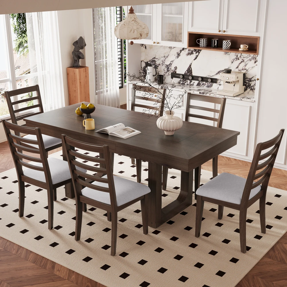 

7PC Farmhouse Extendable Dining Table Set, 78" Rustic Wooden Kitchen Table with 18" Leaf, 6 Upholstered Chairs for Dining Room