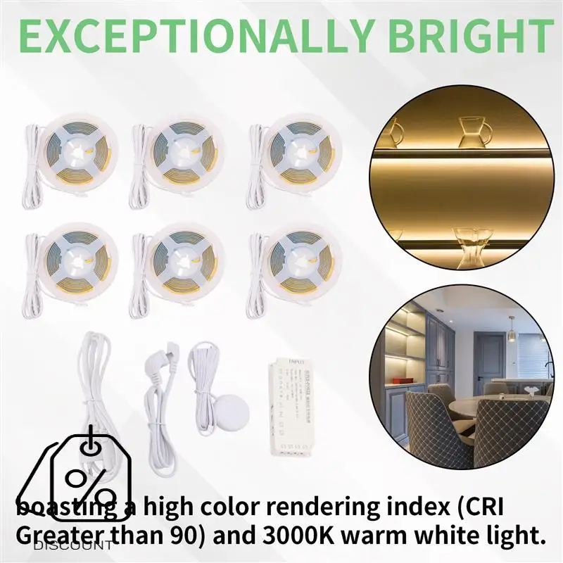 ABJO-COB LED Strip Lights Kit 12V, Dimmable Under Cabinet Lighting With Touch Control, 6.56FT Flexible Strip For DIY