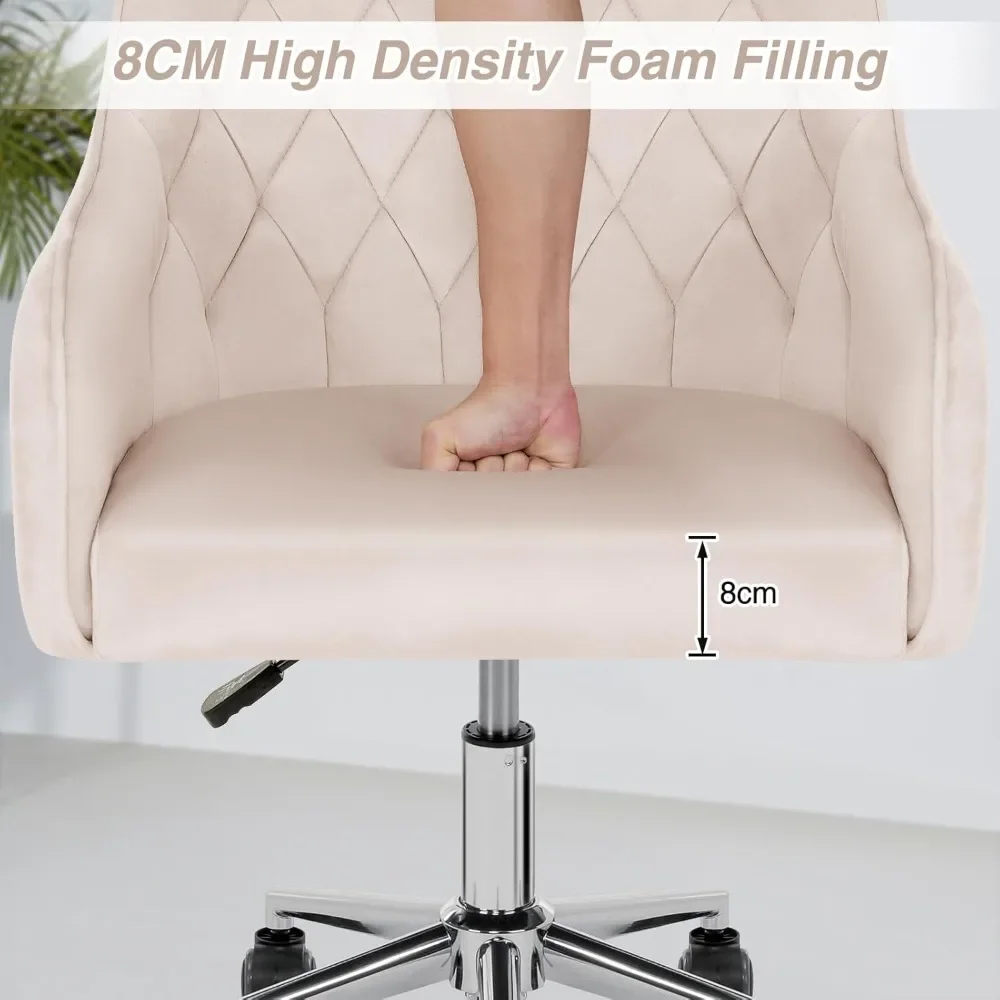 كرسي مكتب مخملي من HOFFREE كرسي زينة لطيف مع عجلات لغرفة النوم كرسي مهام منجد للمكتب المنزلي (بيج) #3