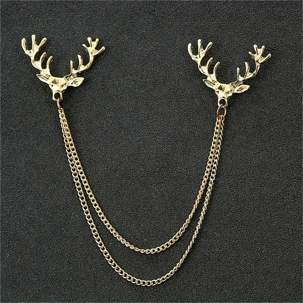 1pc Retro Deer Head Tassel Chain Brooch, Alloy Collar Pin For Men Christmas Gift Brooches Party Jewelry Accessories Gifts