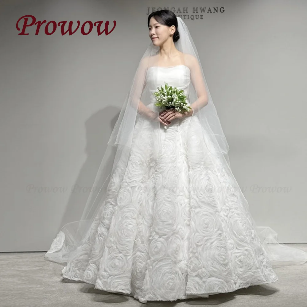

Prowow Luxury Strapless Lace Wedding Dress Sleeveless A Line Bridal Gown Customized Lace-up Back Floor Length Corset